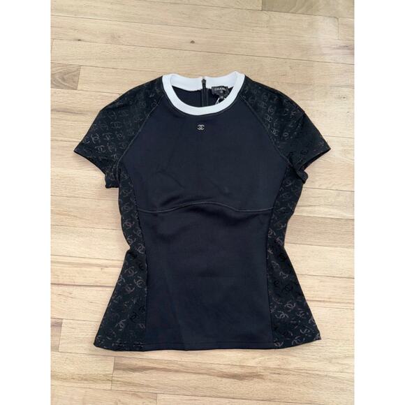 Chanel 24C Black White Crystal CC Logo Neoprene Stretch Jersey Top T Shirt 38 - Picture 4 of 16